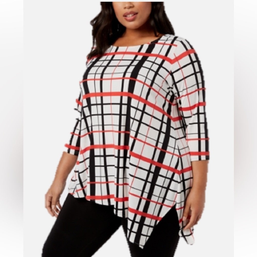 Alfani White Tunic with Black and Red Plaid